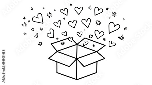 Hand-drawn doodle illustration of an open gift box with hearts and sparkles flying out, symbolizing love, surprise, or a special present