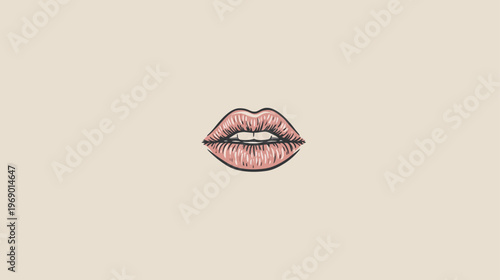 Detailed vintage-style hand-drawn illustration of pink human lips on a minimalist beige background. Beauty and fashion graphic.