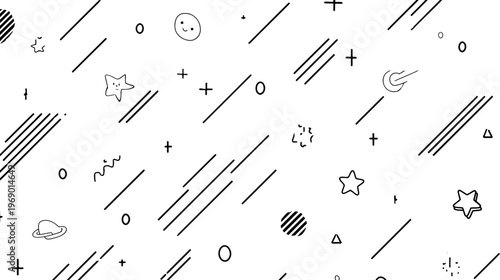 Minimalist black and white seamless pattern with hand-drawn geometric shapes, stars, planets, and celestial doodles