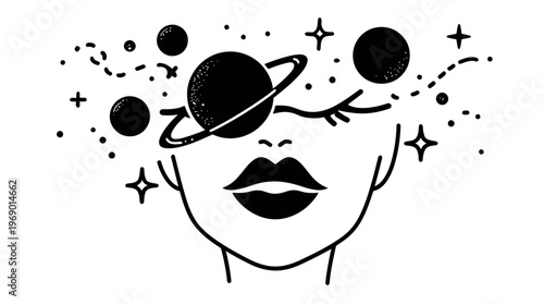 Cosmic Mind Woman Line Art Illustration with Planets, Stars, and Universe Elements. Minimalist Celestial Imagination Concept.
