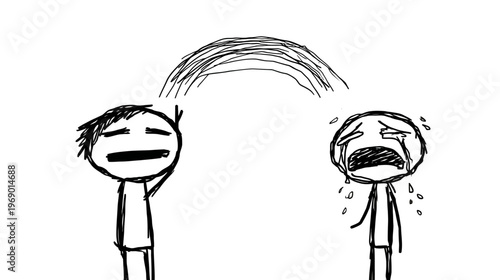 Empathy and Support: Hand-drawn stick figure comforting a crying person, offering hope and connection