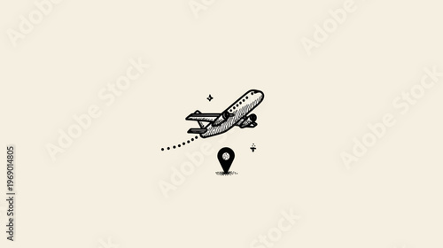 Minimalist airplane taking off with location pin graphic. Global travel, journey, destination, flight concept icon.
