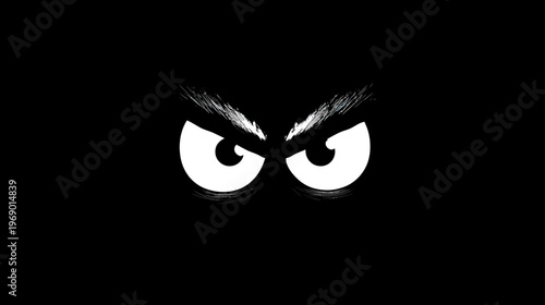 Intense glowing white eyes with stylized bushy eyebrows emerging from complete darkness, a mysterious and ominous illustration.