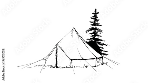 Hand drawn black and white sketch of a classic camping tent next to a pine tree. Outdoor adventure illustration on white background.