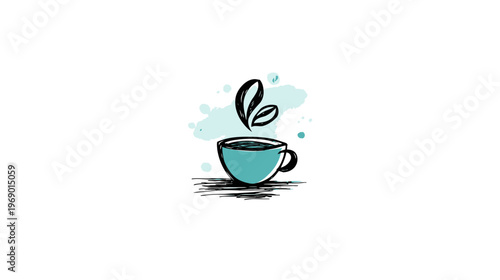 Creative hand-drawn illustration of a steaming turquoise coffee cup with coffee bean vapor. Abstract coffee break concept.