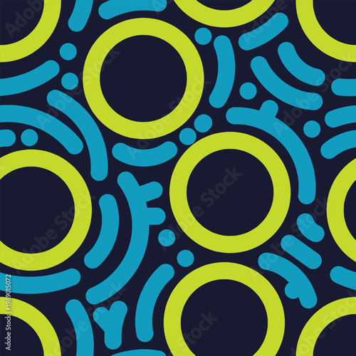 Seamless yellow circle pattern with light blue abstract doodles on dark blue background. Playful geometric repeat design perfect for fabric prints, packaging, and stationery.
