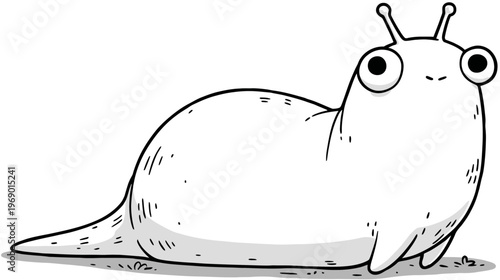 Whimsical cartoon slug illustration with big curious eyes, a funny black and white drawing of a comical garden mollusk.