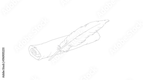 Vintage Rolled Scroll and Quill Pen Line Art Illustration. Old Parchment Paper with Feather Pen for Writing History, Wisdom, Literature.