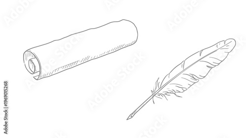 Vintage Quill Pen and Rolled Parchment Scroll Outline Drawing. Old Paper for Writing, History, and Education Concepts.