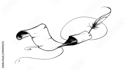 Artistic black and white illustration of a classic parchment scroll and an elegant feather quill pen, symbolizing old communication and history.