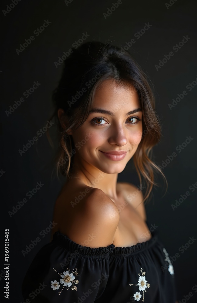 Obraz premium Young woman with dark hair, expressive eyes smiles warmly. Wears off shoulder black top with embroidered flowers, posing in studio. Gaze direct, engaging, conveying confidence, warmth against dark