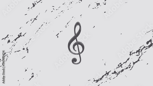 Dark grey treble clef music symbol on a grunge textured light background. Represents melody, sound, harmony, and creative artistic design.