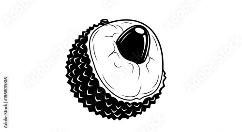 Black and white illustration of a lychee fruit cut in half with seed