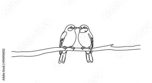 Minimalist line art of two birds perched on a branch isolated