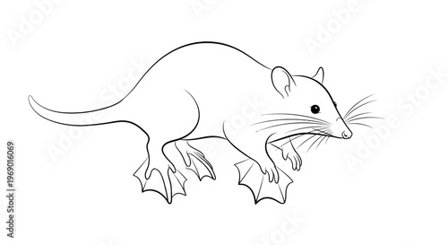 Line drawing of aquatic mammal with webbed feet and long tail on white