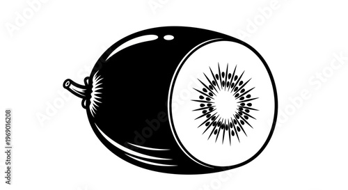 Black and white vector illustration of a sliced kiwi fruit isolated on white