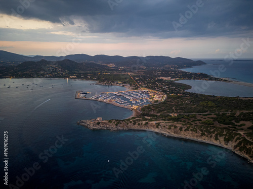 Luxury yachts in Sardinia port evening aerial