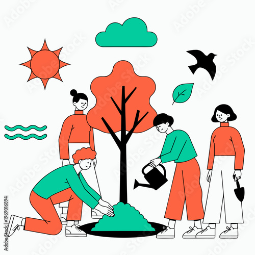 Group of people planting a tree together, environmental conservation and teamwork concept, flat vector illustration