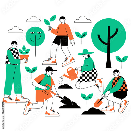 Group of people gardening and planting trees together in a park, flat vector illustration