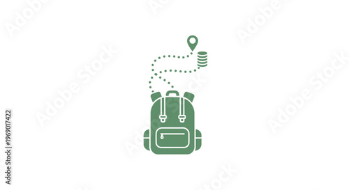 Green backpack with travel destination pin.