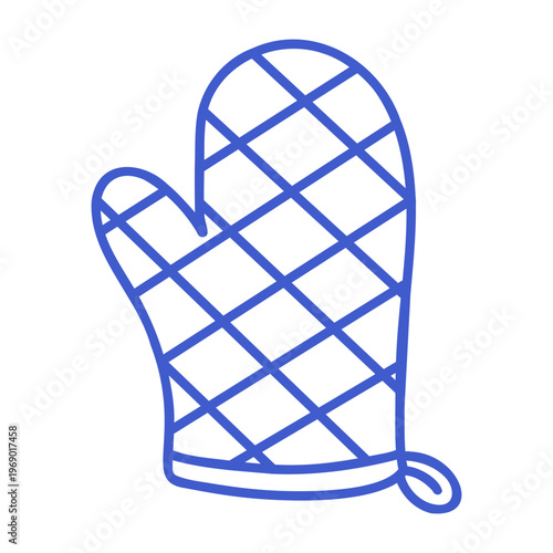Oven mitt in blue line art style. Hand drawn icon. Outline vector isolated illustration. 
