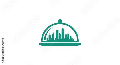 Green cloche serving cityscape dish.