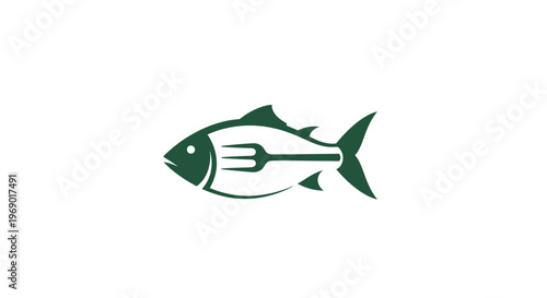 Green fish with fork inside body.