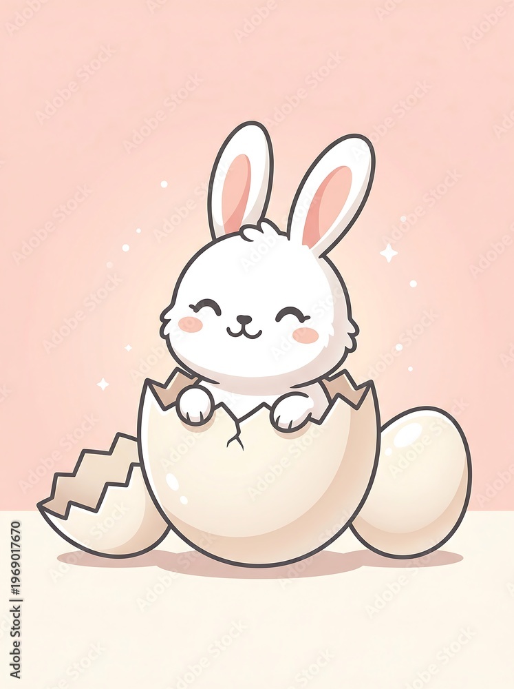 Obraz premium A cute cartoon bunny hatching from an eggshell with a cheerful expression