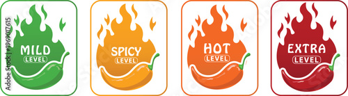 Red Chili Fire Icon. Chili heat level, spice level, hot level, extra level. Green, yellow, orange hot icon. Spicy logo.
