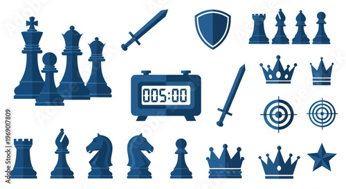 Chess Game Icons: Pieces, Clock, Sword, Shield, Crowns, Target
