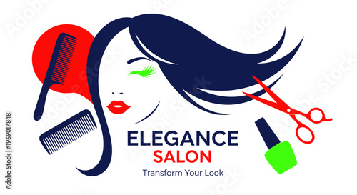 Elegance Salon Logo: Woman's Hair, Scissors, Comb, Nail Polish - Beauty Transformation