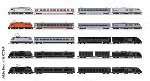 Diverse Collection of Modern Trains and Locomotives, White Background