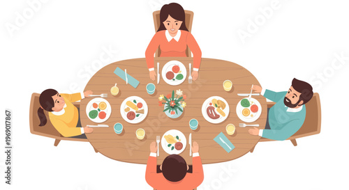 Family Dinner Scene: People Eating Together Around Oval Table