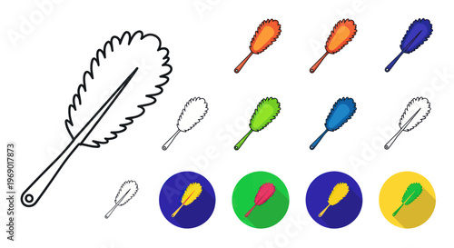 Feather Duster Collection: Outline and Color Icons for Cleaning and Decoration