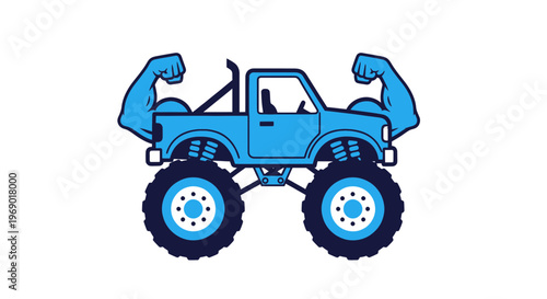 Mighty Blue Monster Truck with Muscular Arms Flexing Biceps, Power and Strength Icon