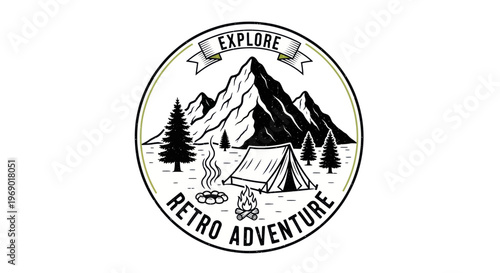 Retro mountain camping emblem with campfire, tent, and pine trees. Explore adventure.