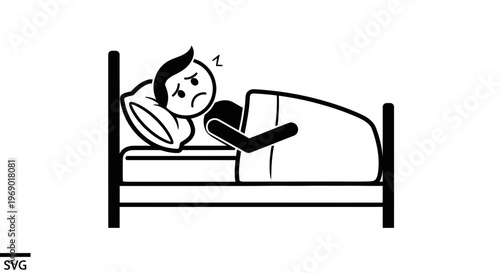 Sick stick figure lying in bed, feeling unwell, under blanket