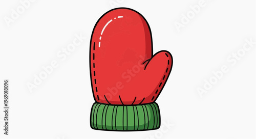 A single red mitten, perfectly crafted for warmth, adorned with a green cuff. The winter glove brings joy and warmth during cold season.