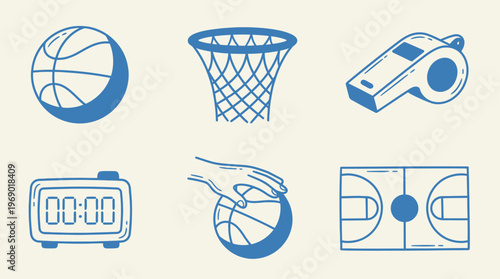Basketball icons including ball, hoop, whistle, timer, hand dribbling, and court