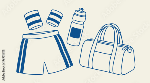 Essential blue outline fitness and gym equipment, featuring athletic shorts, wristbands, a water bottle, and a duffel bag.