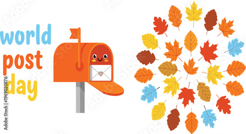 Vector illustration set for World Post Day featuring a cute orange mailbox character with a letter and a circular arrangement of autumn fall leaves.