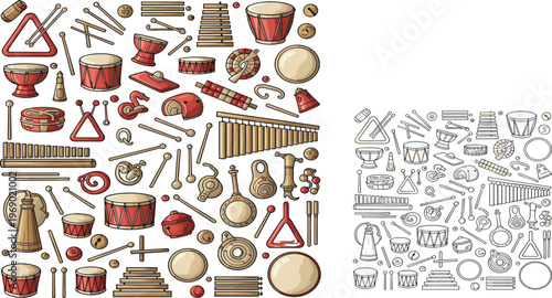 Comprehensive vector set of percussion musical instruments including drums, xylophones, triangles, and tambourines in both colored hand-drawn and black and white line art styles