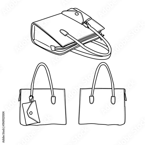 Set of Handbag Illustrations in Black and White.