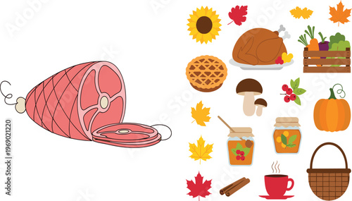 Vector illustration set of autumn harvest food including a glazed ham, roast turkey, pumpkin pie, and vegetables alongside fall leaves and cozy honey jars.
