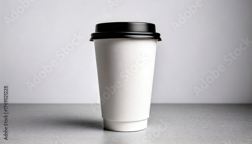 Minimalist White Coffee Cup with Black Lid on Table.