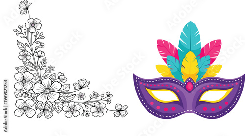 Vector illustration set featuring a hand drawn black and white floral corner border and a colorful purple masquerade carnival mask with feathers.