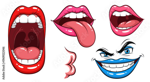 Cartoon Mouth Expressions: Open Mouth, Tongue Out, Grin, and Lips