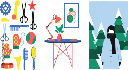Flat vector set featuring hair grooming tools and accessories alongside a modern desk with a lamp and a person in a winter forest landscape.