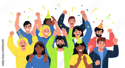 Diverse group of people celebrating with confetti and party hats