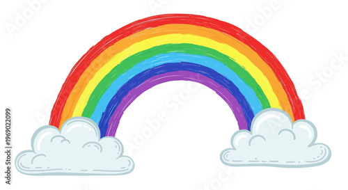 Hand-drawn Rainbow Arching with Clouds, Vibrant Colors, Children's Art Style